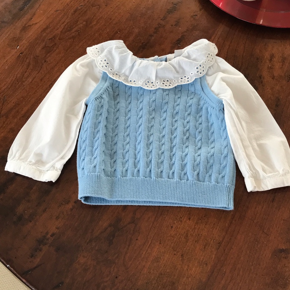 Janie and Jack Light Blue Cable knit Sweater with White Eyelet Ruffle Collar